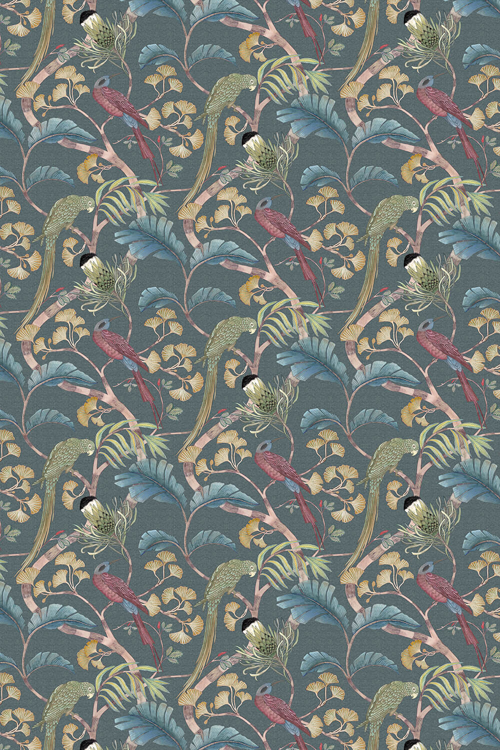 JMF-200602-PLN | Living Branches Fabric | Dark Teal, Yellow and Olive | Flat Shot