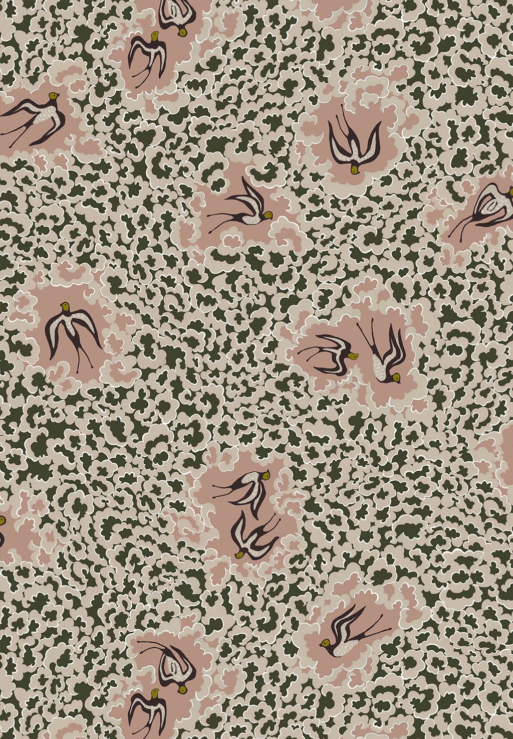 Bea's Swallows Wallpaper | Chaingate Green and Ham Pink