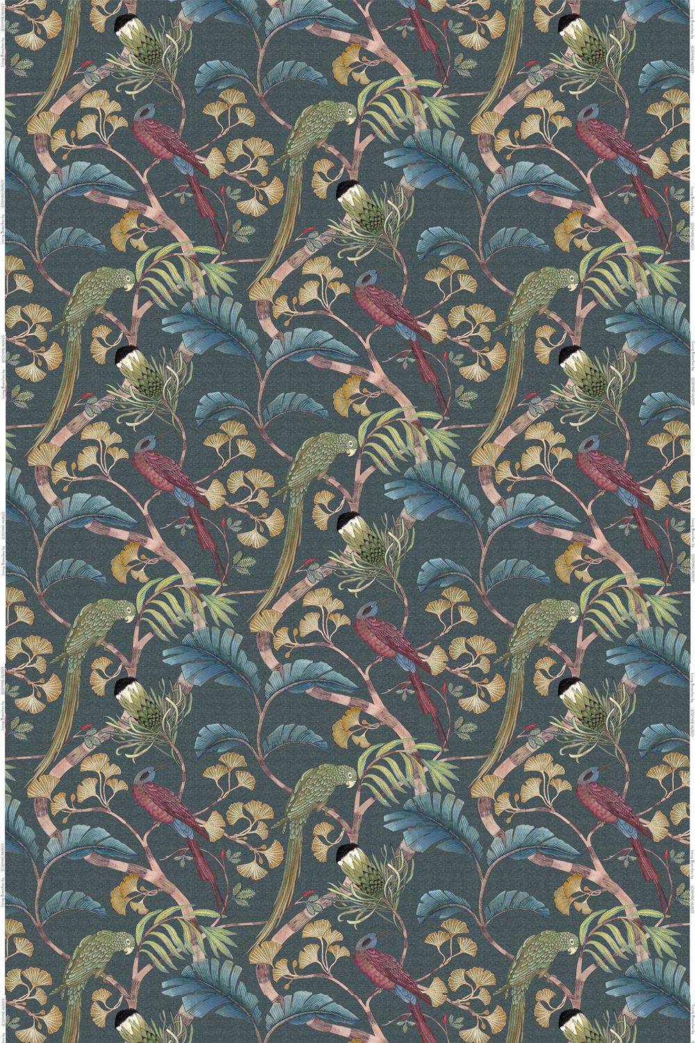 JMF-200602-PLN | Living Branches | Dark Teal, Yellow and Olive | Pure Linen | Full Repeat
