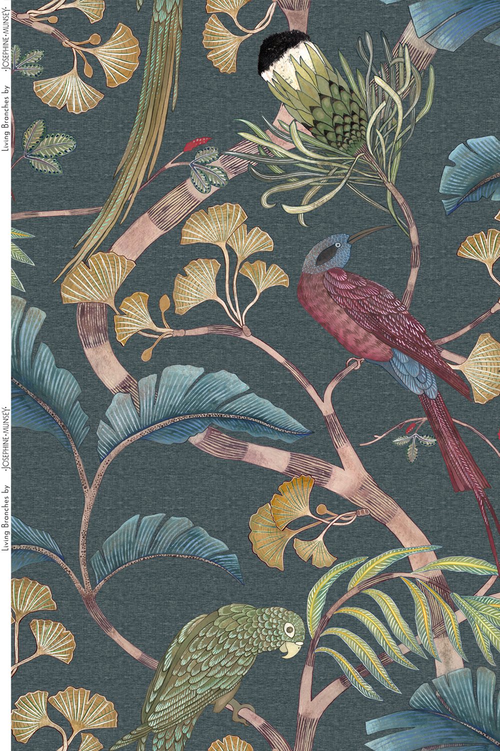 Living Branches Fabric | Dark Teal, Yellow and Olive | Pure Linen