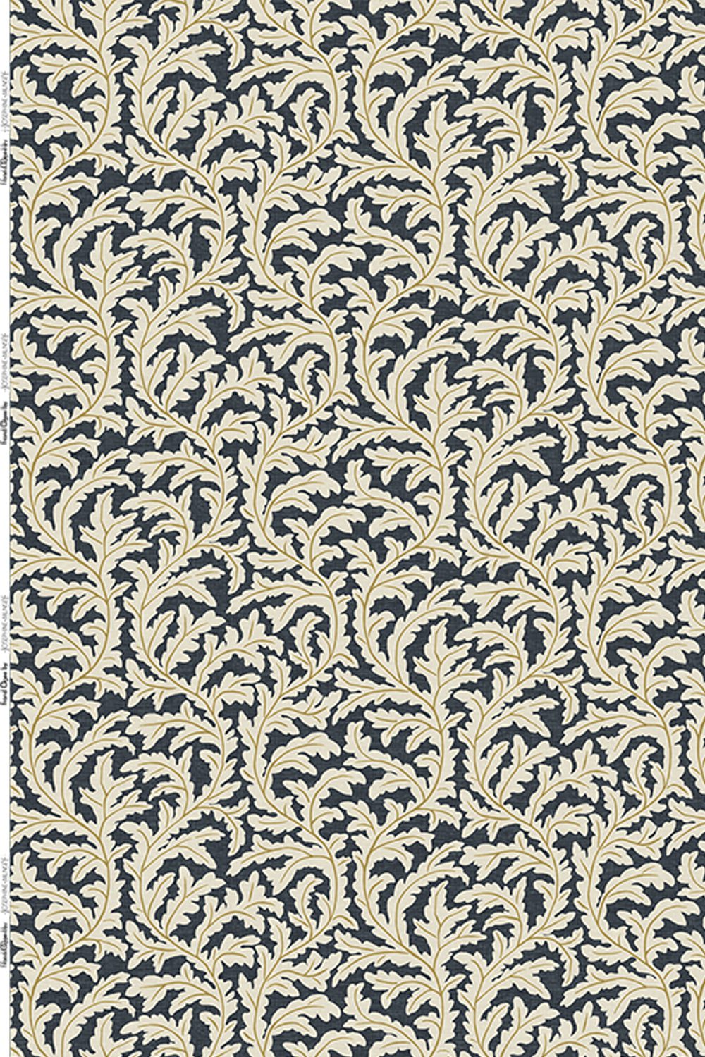Frond Ogee Fabric | Navy and Ochre | Pure Linen