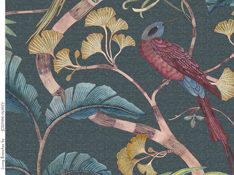 JMF-200602-PLN | Living Branches | Dark Teal, Yellow and Olive | Pure Linen | Half Repeat