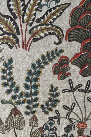 JMF-201211-PLN | Woodland Floor | Stone and Teal | Pure Linen | Close Up