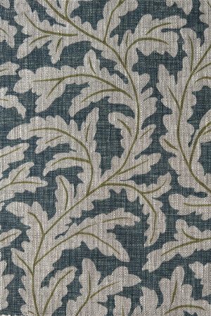 JMF-202501-PLN | Frond Ogee | Blue and Olive | Pure Linen | Close Up