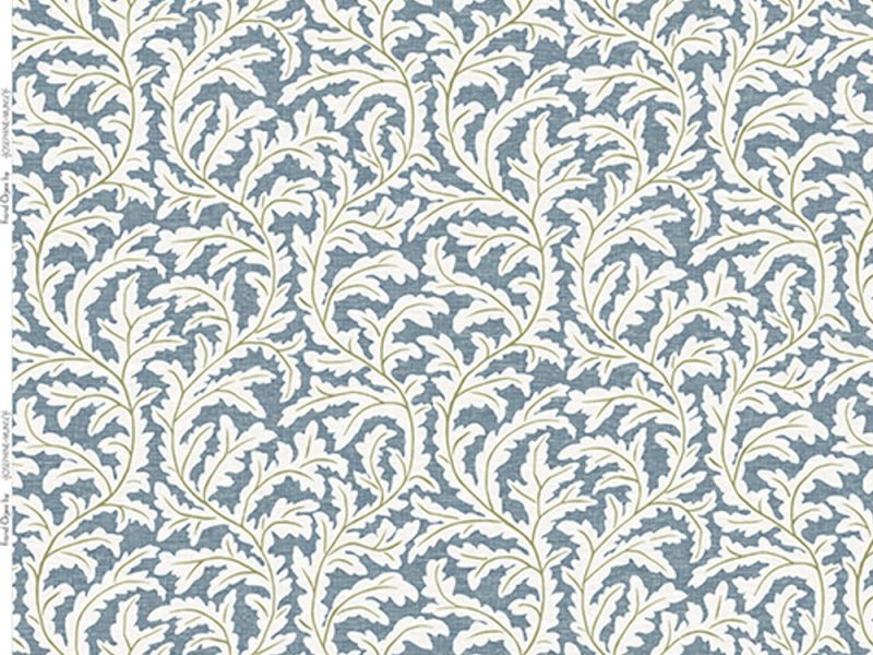 JMF-202501-PLN | Frond Ogee | Blue and Olive | Pure Linen | Half Repeat