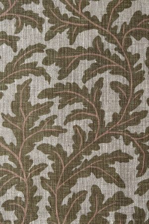 JMF-202541-PLN | Frond Ogee | Ochre and Coral | Pure Linen | Close Up
