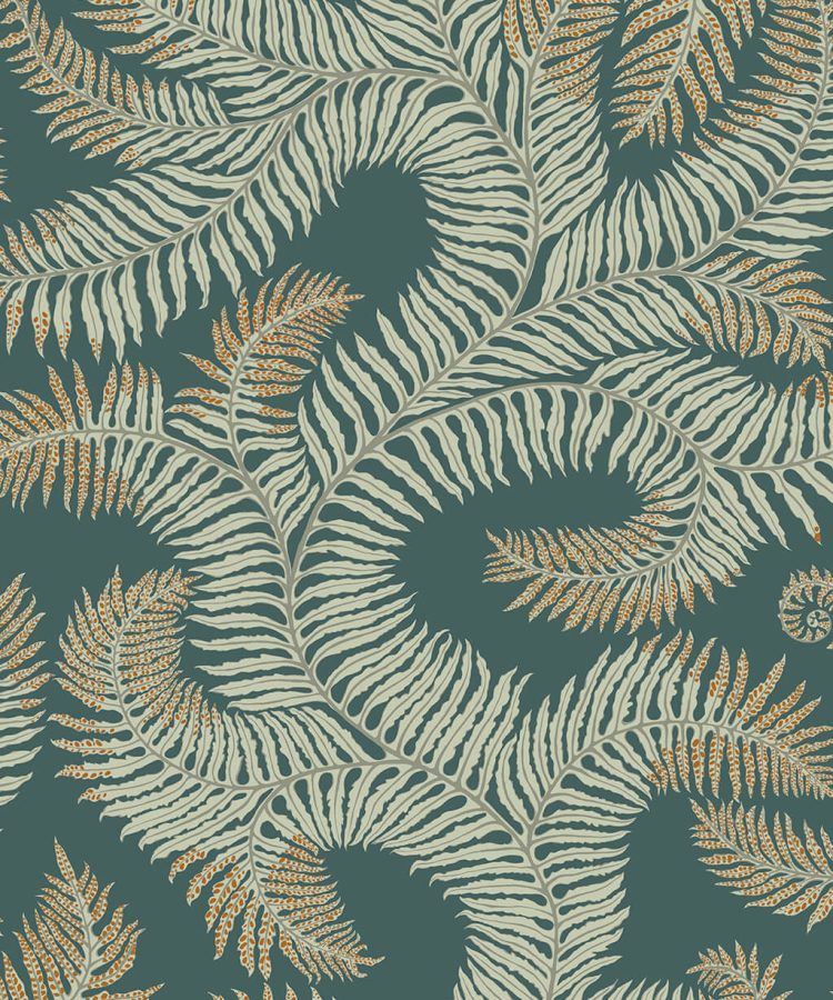 Designer Ferns Wallpaper | Teal & Orange Highlights