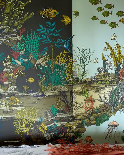 Designer Underwater Wallpaper | Graphite & Jewel Highlights | Soft Aqua & Coral