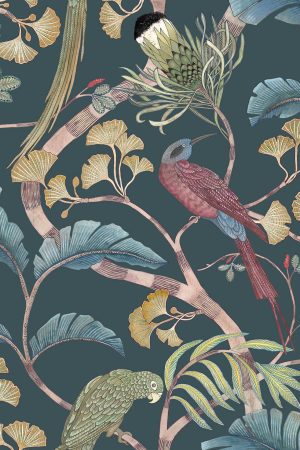 Designer Botanical Wallpaper | Dark Teal, Yellow and Olive